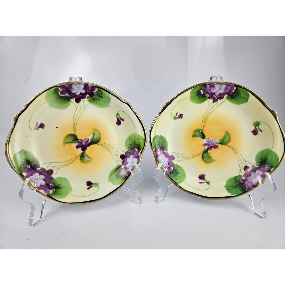 Antique Nippon E-OH Hand Painted Violet Dishes Pair Yellow Gold Rim 1891-1921 - Picture 2 of 9
